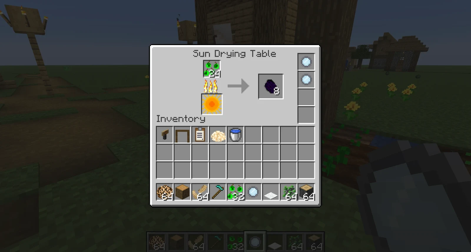 The 2026 Sun Drying Table menu drying 24 grapes into 8 raisins, with a column of lens slots