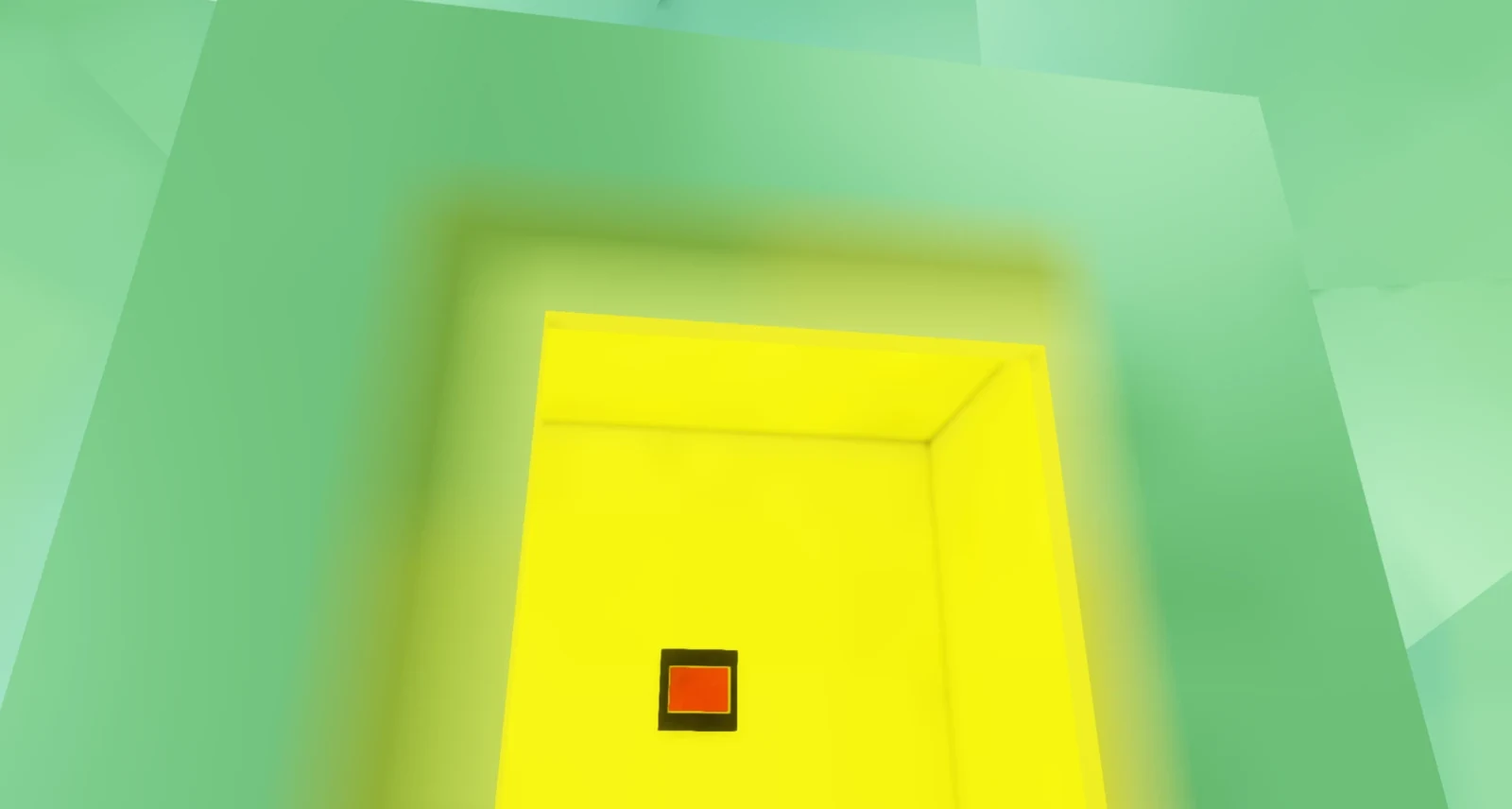 Box in a Ball in the 2013 Unreal original: a green faceted ball around a glowing yellow box with a red button inside