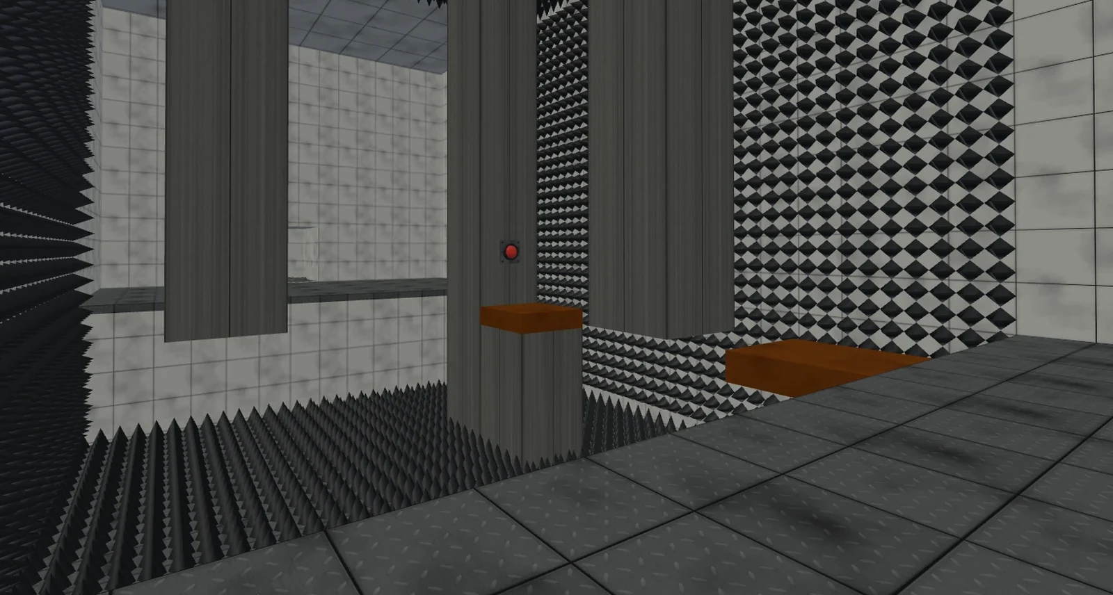 Pillars in the 2026 WebGL remake, from the same spot: spiked walls, the red button and orange pads