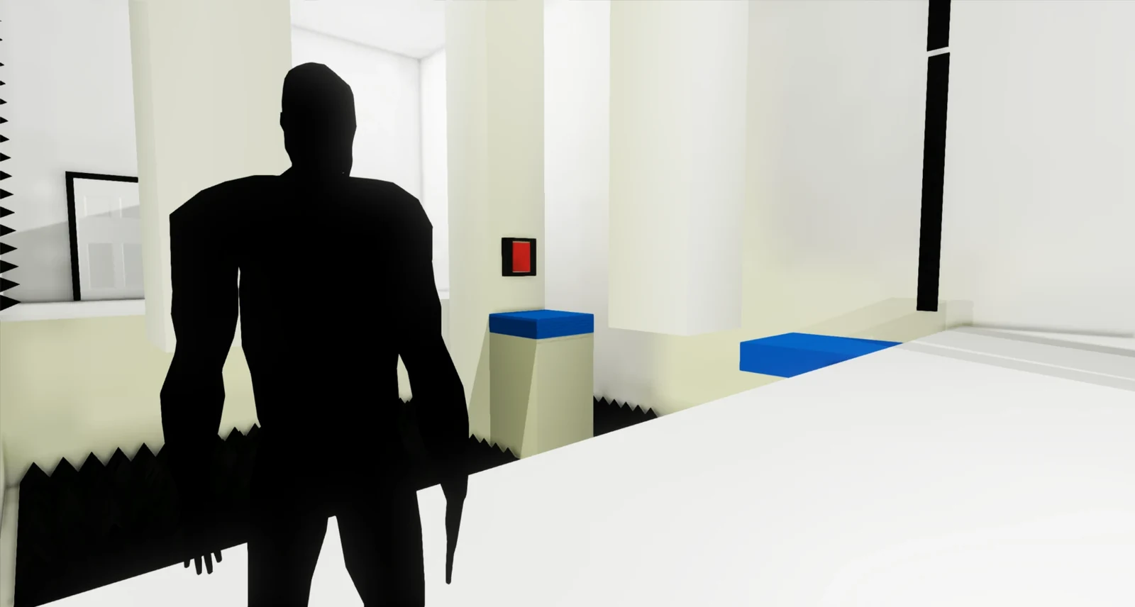 Pillars in the 2013 Unreal original: the player's silhouette at the pit's edge, a red button on a pillar and blue pads