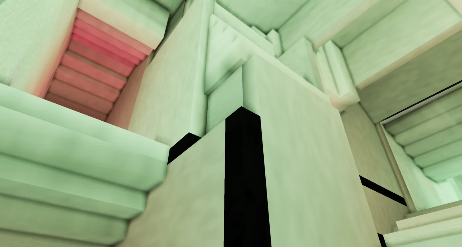 Escher's Relativity in the 2013 original: looking up a stairwell of green-lit stairs around a tall block