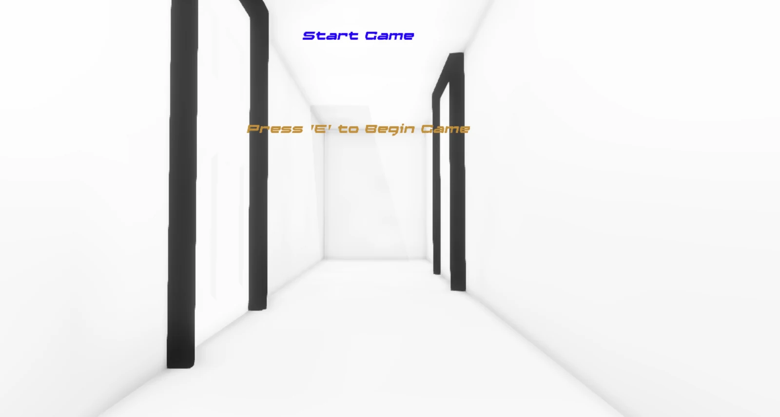 The 2013 start: a white hallway with black arches, Start Game, Press E to Begin Game