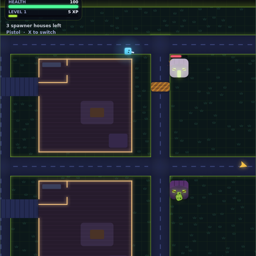 Zombie Grid in 2026: the town at night, with houses, a spawner house, a barricade and the player