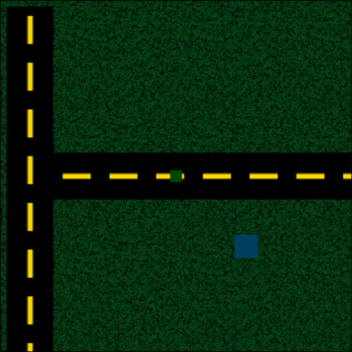 Zombie in 2020: yellow-lined roads over green grass and a blue player
